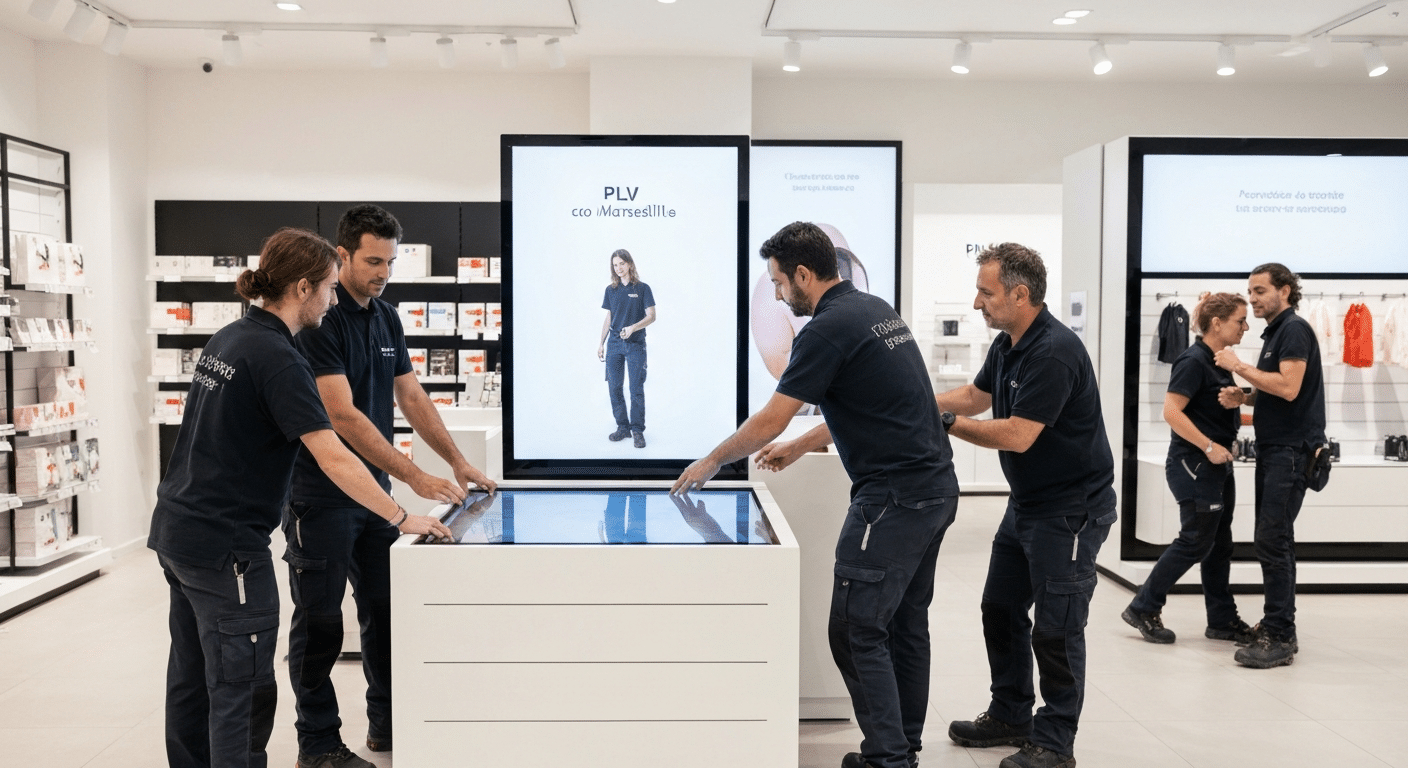 Installation PLV Marseille : déploiement et pose de mobilier retail par des techniciens locaux